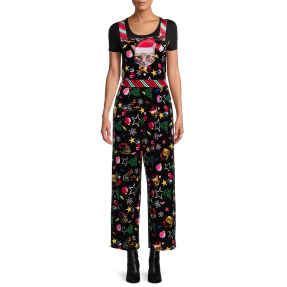 Women Christmas Overalls Sleeveless Velvet Wide Leg Romper Pants Santa One Piece Jumpsuit Novelty Holiday Costume