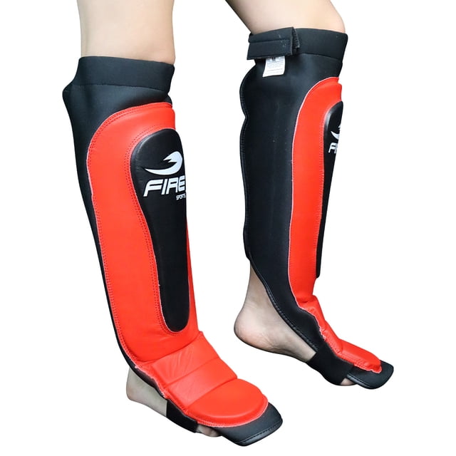 Par de Espinilleras de Piel Tipo Calceta Fire Sports MMA, Kick Boxing, Muay Thai, Rojo