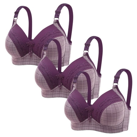 Clearance TOUMENY Nude Bra Back Smoothing Bra 3PC Women Plus Size Lace Stitching Plaid Printing Non-Steel Ring Non-Magnetic Buckle Underwear Bra