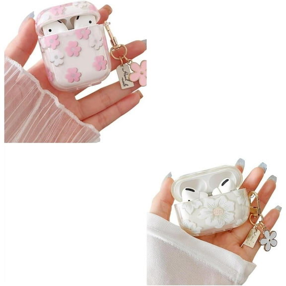 Compatible with AirPods 1/2 and Airpods Pro Clear Case,Cute Cartoon Flower Pattern Design with Floral Keychain, Soft TPU Protective Shockproof Case for Girls Women