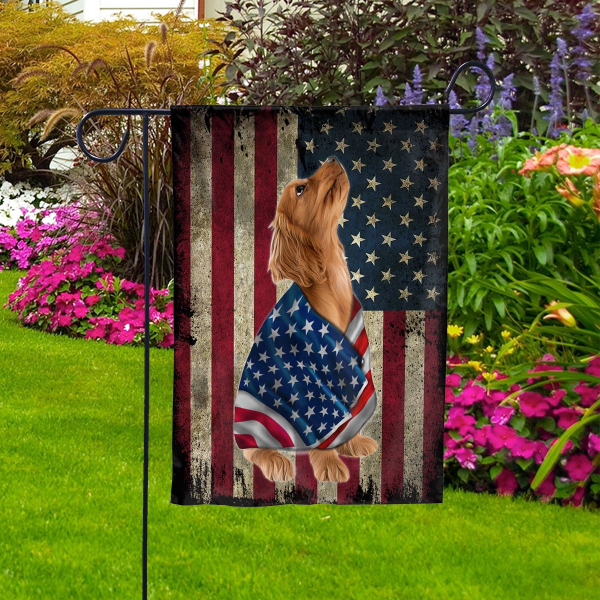 American Flag with Cocker Spaniel Dog stand under the cross Patriot Patriotic 4th of july Garden Flag, Double-Sided Decorative Outdoor Flag, Patriotic Polyester Yard Flag 12 x 18 in