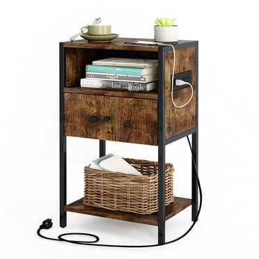 Tall Nightstand with Charging Station, Side Table with 3-Tier of Storage, End Table with Drawer and Storage Shelves, Bedside Table for Bedroom, Living Room, Rustic Brown