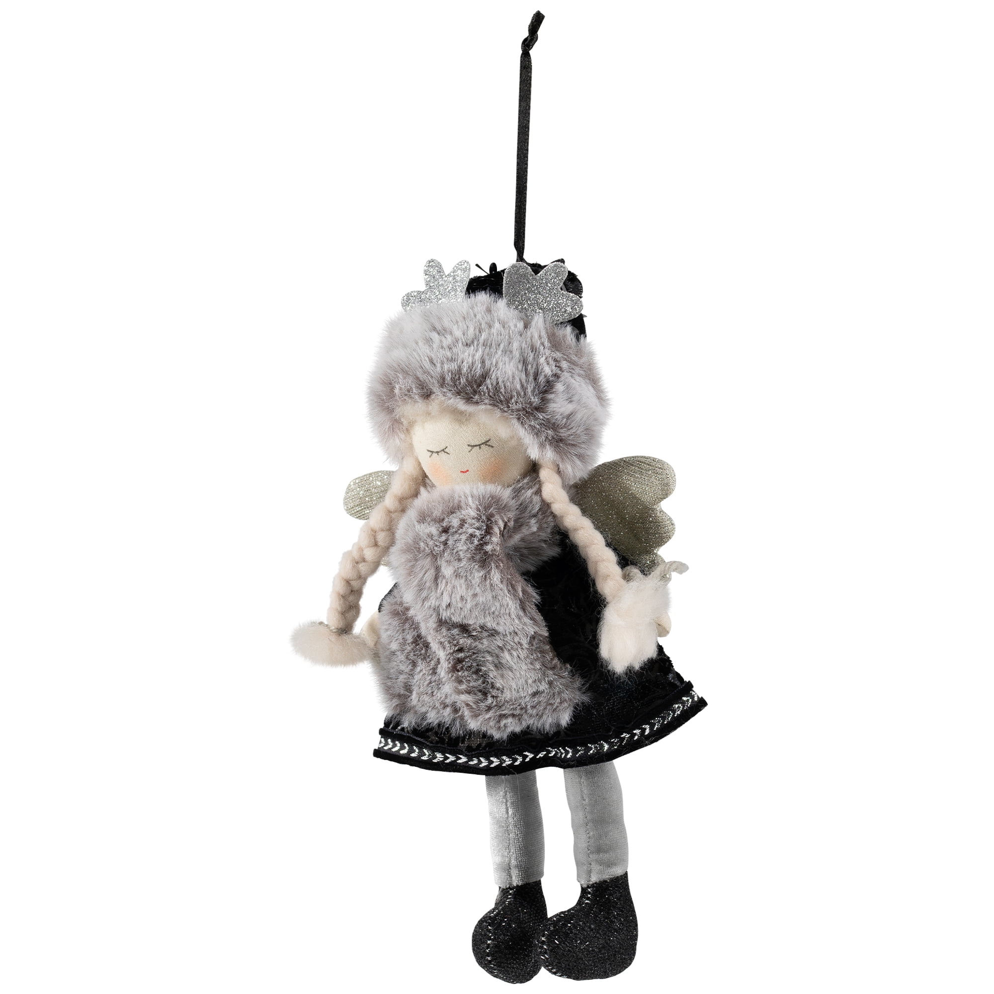 Northlight Plush Winter Angel Girl Hanging Christmas Ornament - 8.5" - Gray and Black
