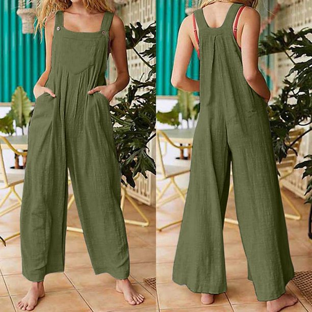 Cathalem Women Dressy Jumpsuits One Piece Wide Leg Jumpsuits Baggy Linen  Rompers Overalls wiith Pockets,Green XXL 