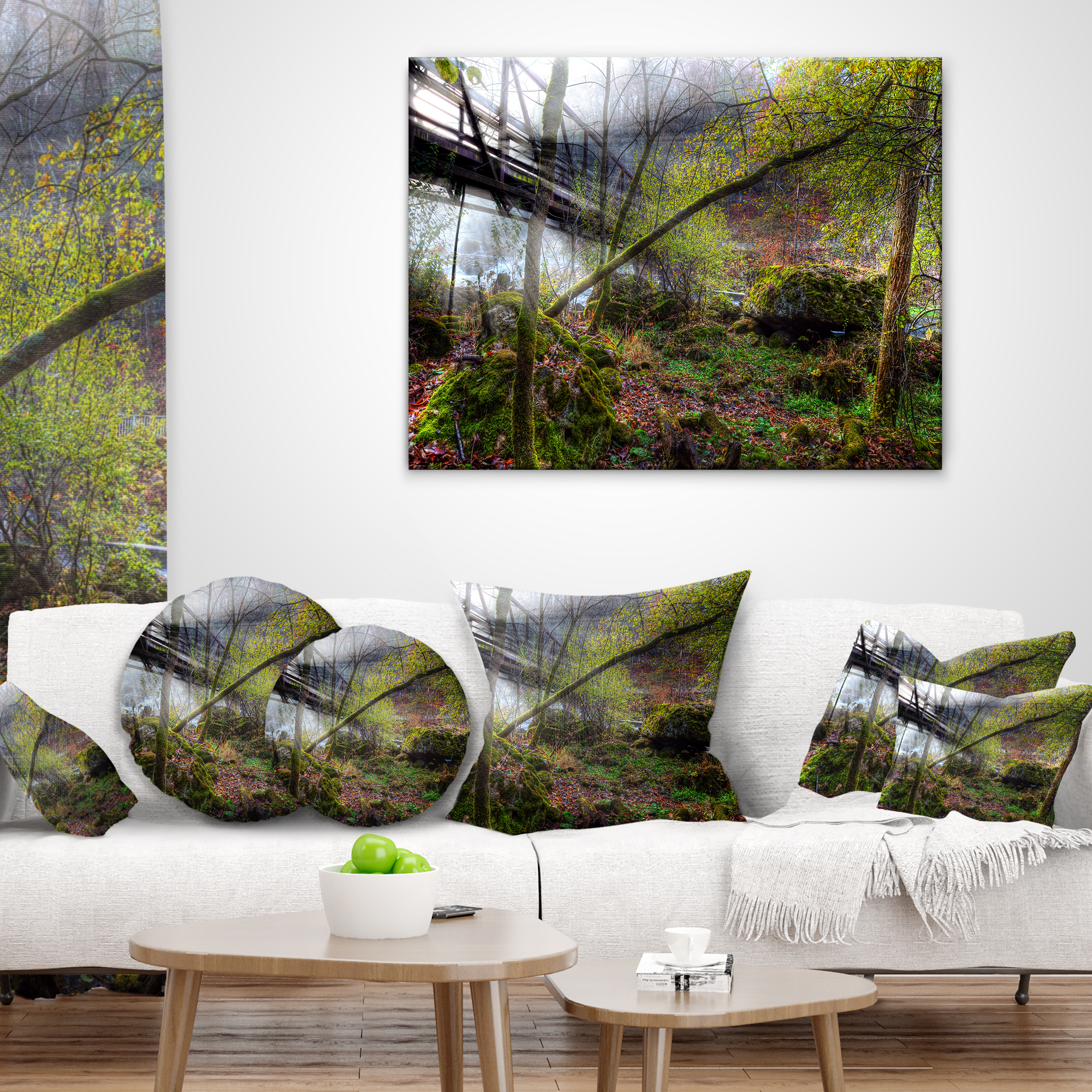 Designart Creek and Bridge with Sunbeams - Landscape Photography Throw Pillow - 16x16