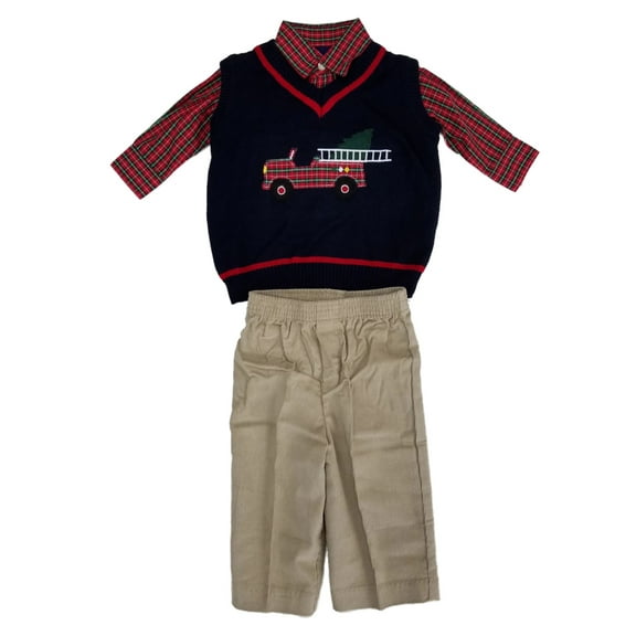 Infant Boys 3pc Holiday Dress Up Outfit Navy Vest Plaid Shirt & Corduroy Pants