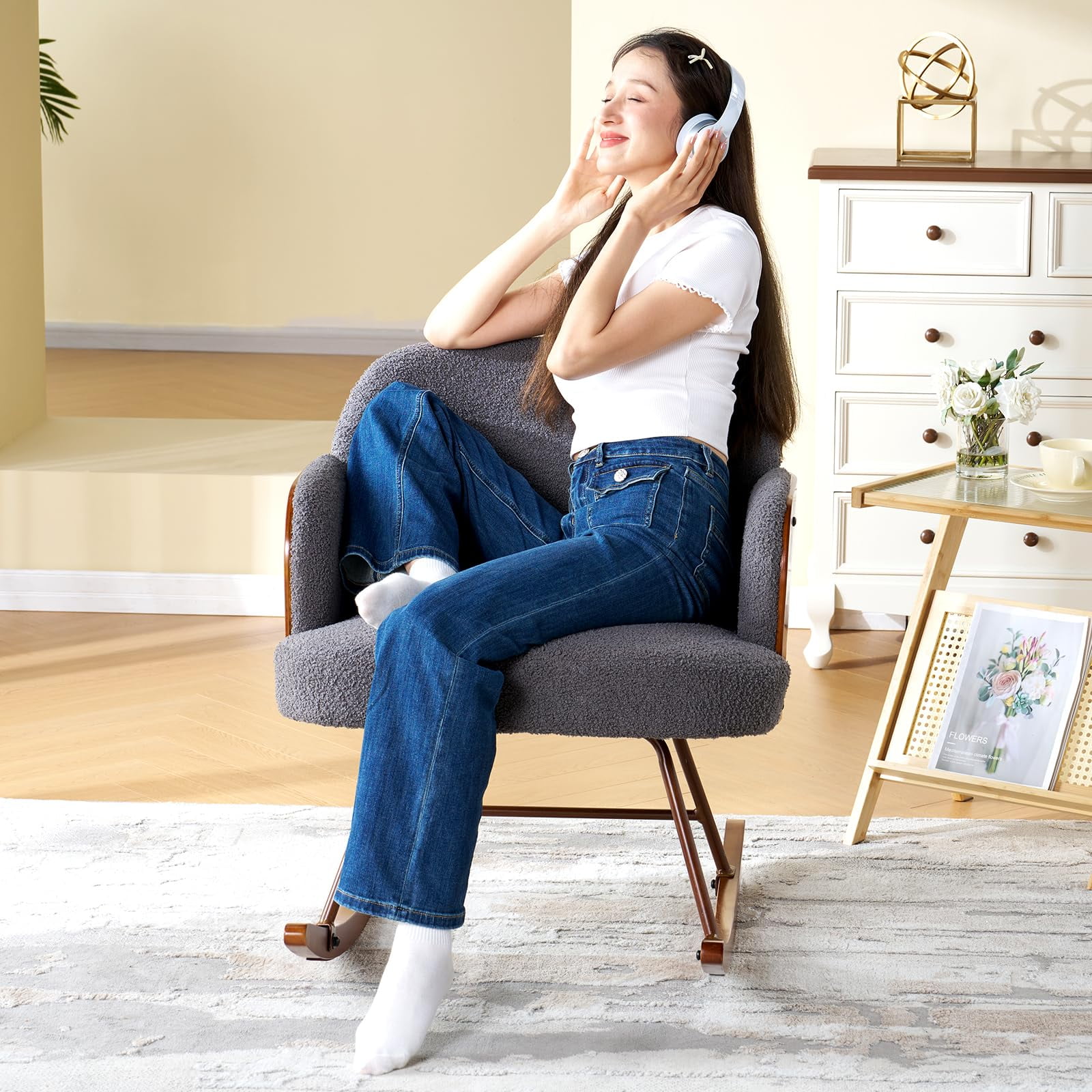 Merluxy Nursery Rocking Chair for Living Room,Bentwood Frame and Teddy Upholstered,Grey