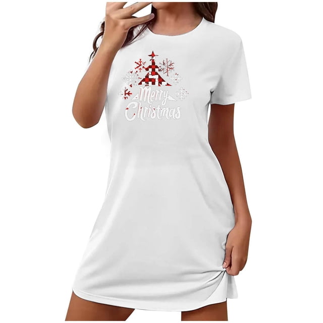 Sakmal Moomoos Doux pour Femmes Sommeil Noël Grande Taille Blanc Robe de Nuit Douillette Col Rond Manches Courtes Courte Imprimé Joyeux Noël Chemises de Nuit P-2TG