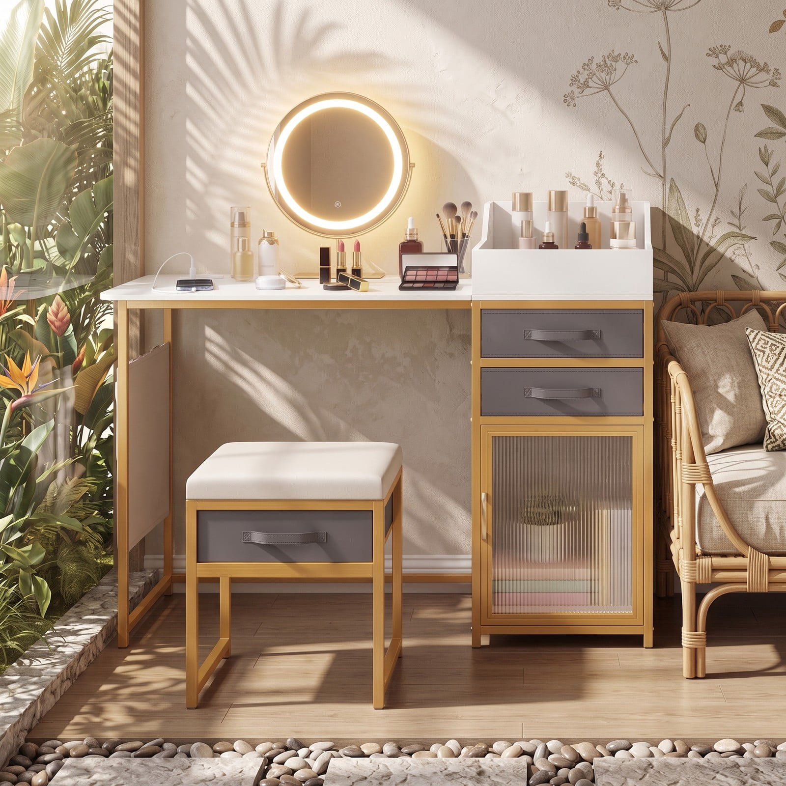 Furnibear Vanity Desk with Rotatable Lighted Mirror, 55 Inch Makeup Vanity Table Set with Charging Station and Padded Stool, White