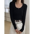 thumbnail image 2 of Arvbitana Women's Long Sleeve T-shirt Solid Color Button Closure Pullovers Slim Fit Crew Neck Going Out Tops for Daily Street, 2 of 6