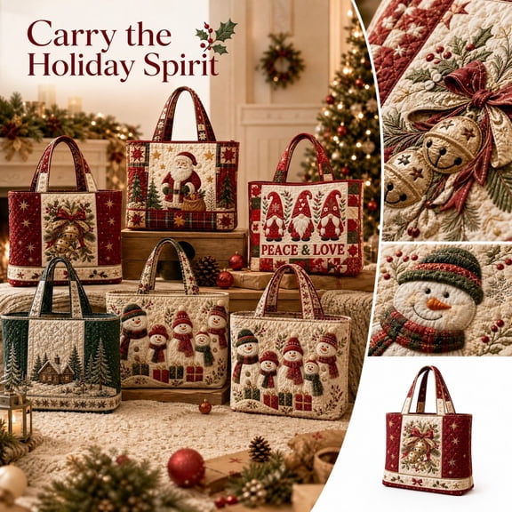 Christmas Quilted Tote Bag for Women,Large Open‑Top Foldable Shoulder Carryall Bag,Versatile Handbag for Travel,Work,College,Shopping and Daily Use E