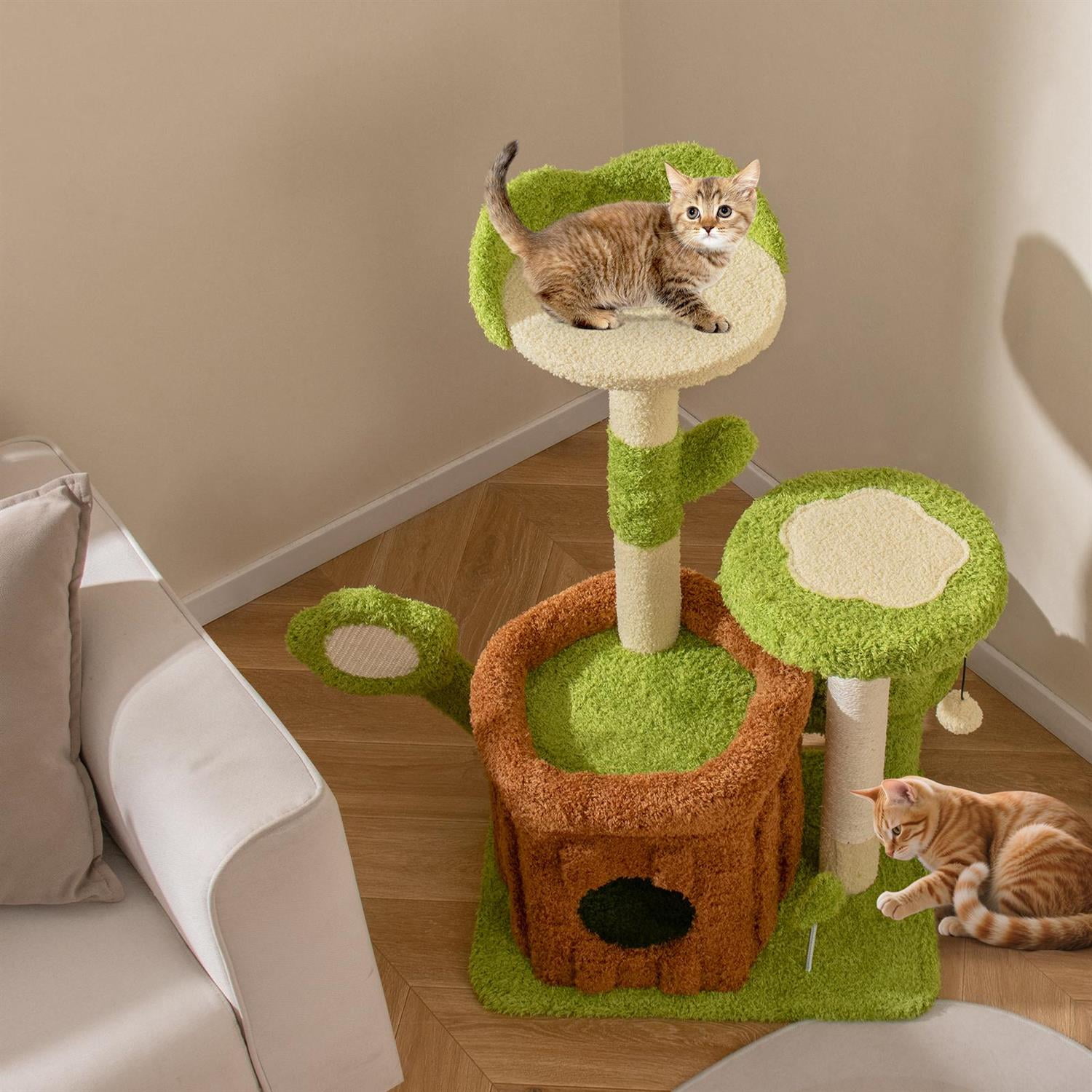 Pefilos Cute Indoor Cat Jungle Activity Center, Condo & Flower-shaped Perch, Scratching Post & Board, Green