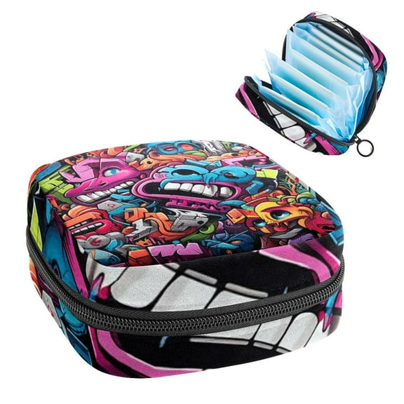 Graffiti Velvet Period Bag Storage Organizer for Tampons and Pads, Small Bag with Sponge and Oxford Cloth, 4.7x6.6x6.6 in, Period Pouch