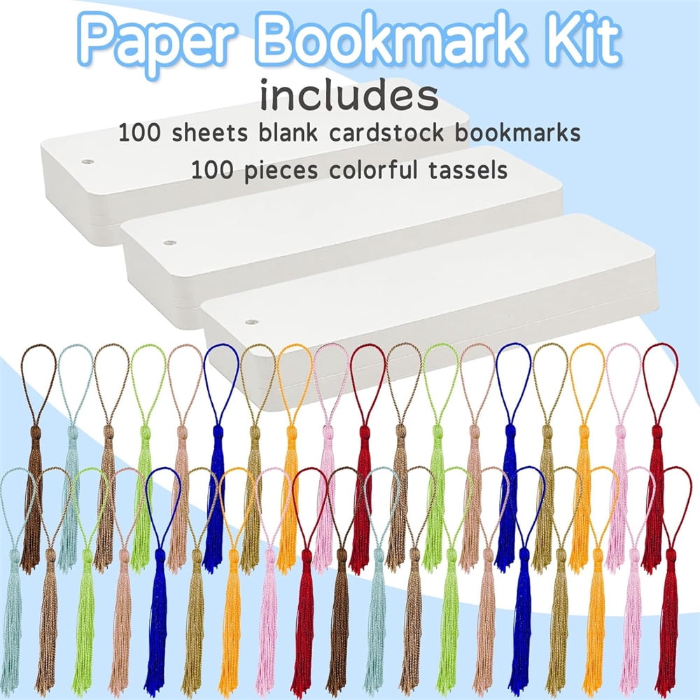 MODANU 100pcs Watercolor Paper Blank Bookmarks with Colorful Tassels, White Cardstock Bookmarks Bulk Watercolor Bookmark with Hole Bookmark Making Kit for DIY Projects Gifts Tags - 6 X 2 Inches