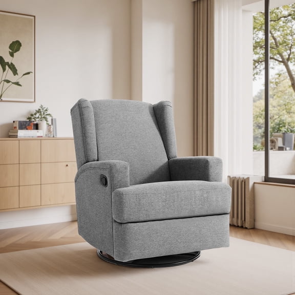 DREAMSIDEA Recliner Swivel Glider Rocker Nursery Chair for Adults, High Back Upholstered Rocking Armchair for Living Room, Manual Reclining Sofa Lounge Chair with Deep Seat in Fabric - Light Gray