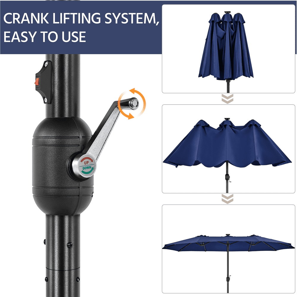 Alden Design 15 ft Triple-size Patio Parasol Umbrella 36 LED Lights Crank for Outdoor, Navy Blue