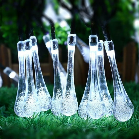 Solar String Lights 21ft 30 LED Waterproof Water Drop Fairy Lights 8 Modes for Gardens Patio Yard Wedding Party Decor, Cool White