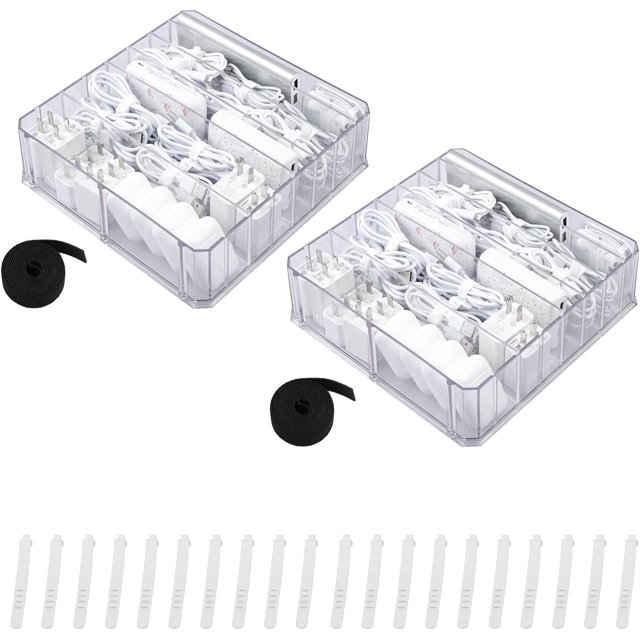 LAICAIW 2 Pack Plastic Cable Organizer Box with Wire Ties, Large Clear Charger Storage Case for Cords, Battery, Adjustable Desk Drawer Accessories Organizer
