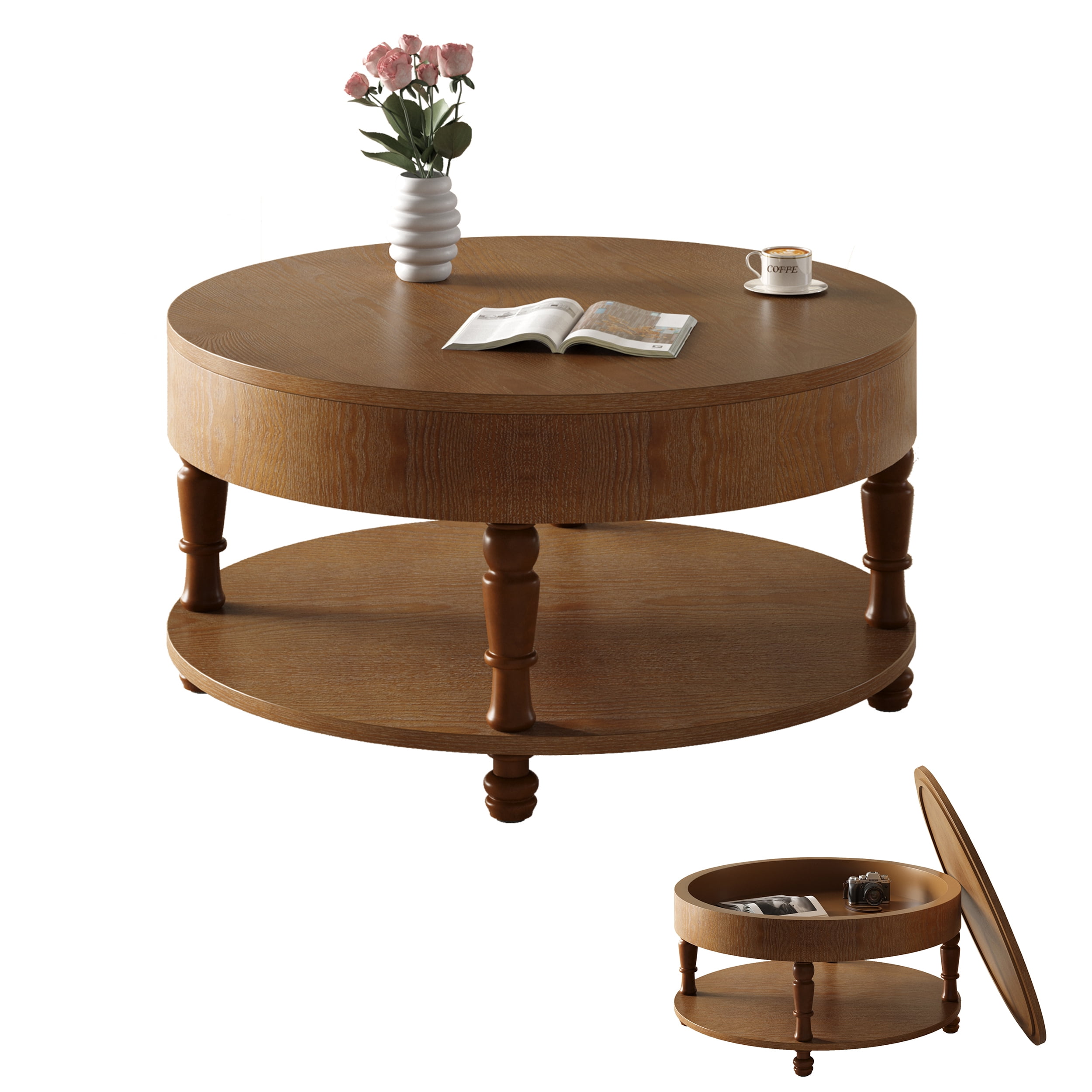 31.5" Round Coffee Table with Hidden Storage, Modern Wood Coffee Table with Flip-Top Compartment & Open Shelf, Dual-Tier Center Table for Living Room,Walnut