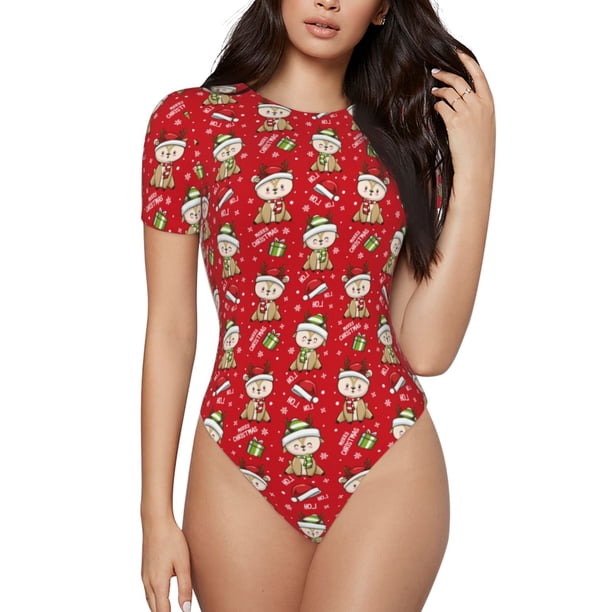 Fotbe cute Christmas Moose Body de Mujer con Cuello Redondo y Mangas Cortas, Sin Mangas Ajustado, Suave, Cómodo y Básico-Medium