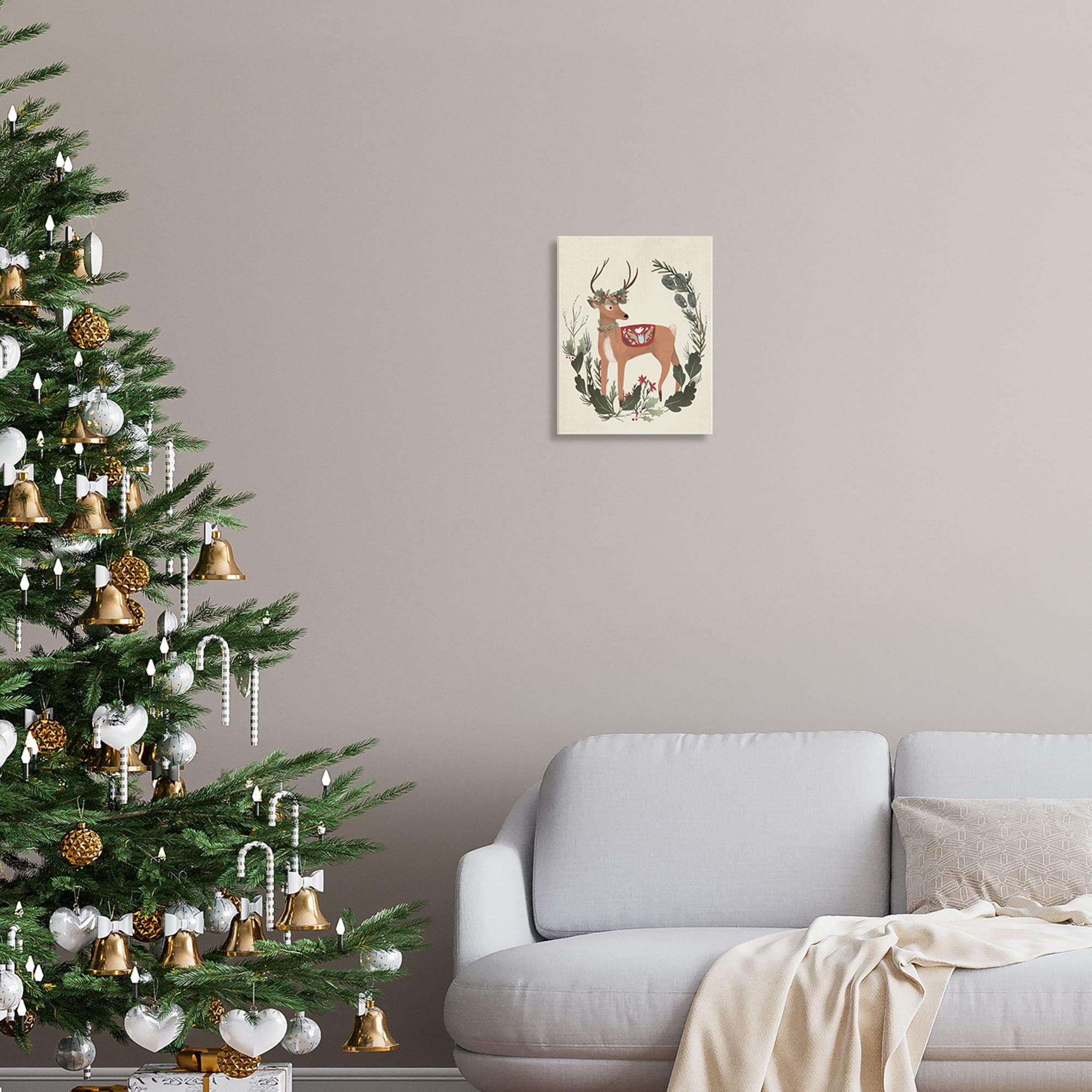 Peaceful Deer Festive Holiday Leaf Border Collage Animals & Insects Painting Unframed Art Print Wall Art