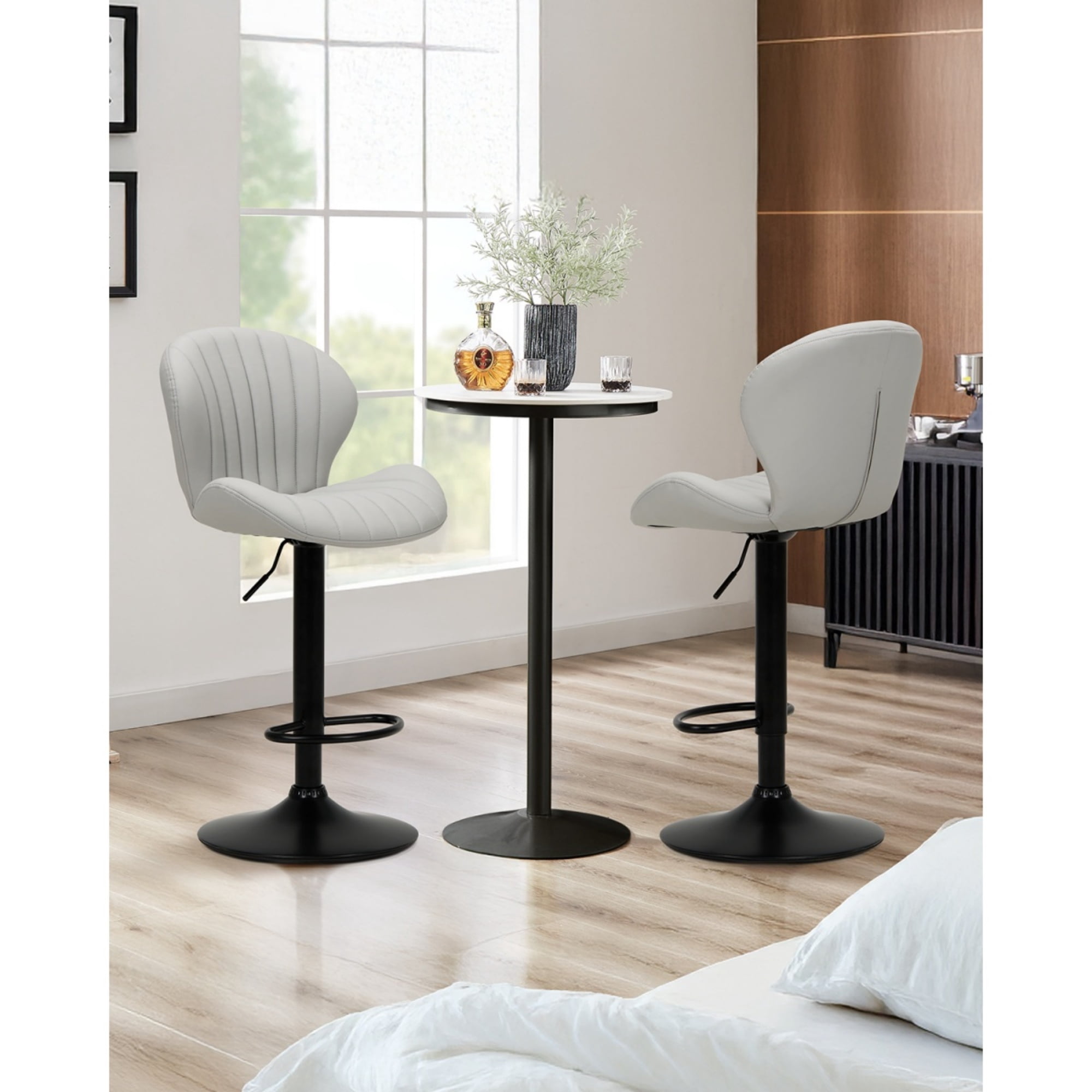 EOP Swivel Bar Stools Set of 4, Modern Upholstered Adjustable Height Counter Stools with Footrest, Faux Leather Upholstered BarStools with Metal Frame, Bar Chairs with Backrest, Gray