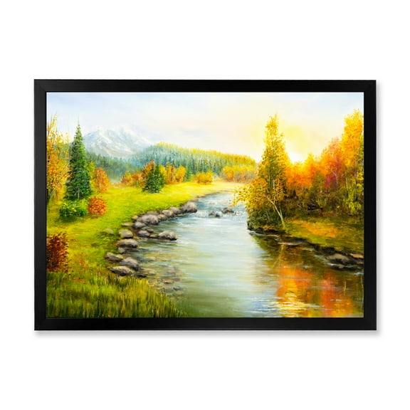 Designart 'Autumn Landscape With Forest River and Mountains' Lake House Framed Art Print