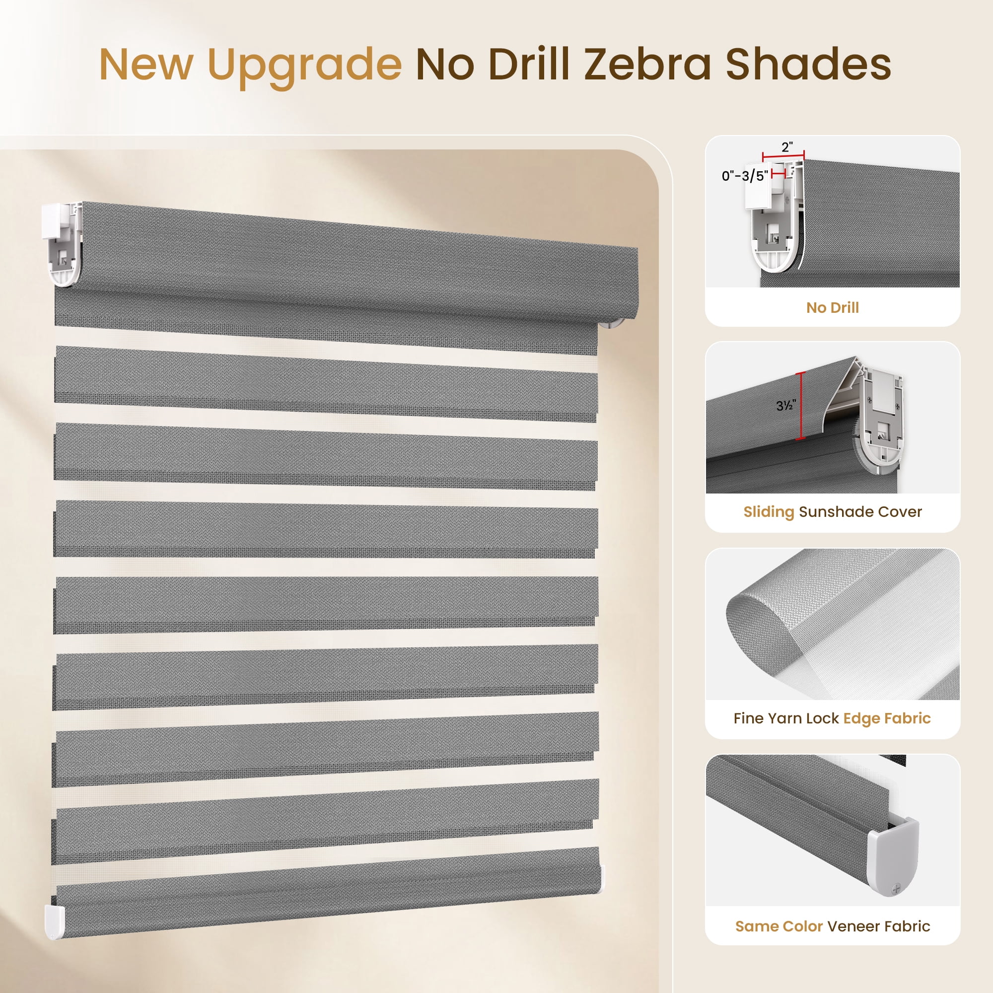 Grandekor No Drill Zebra Blinds for Windows,Cordless Zebra Shades Dual Layer, Pull Down Roller Shades Free-Stop,34"W x 72"H,Grey,Easy to Install for Home, Office, Bedroom