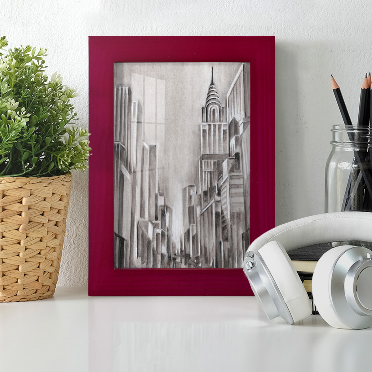 Art Deco Cityscape I -Framed Print w/glass-Cherry Red