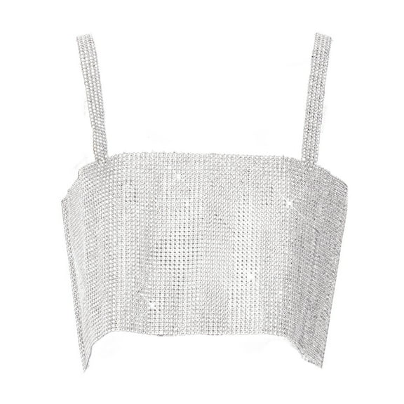 Women Rhinestones Crop Tops Sparkly Crystal Top Sleeveless Spaghetti Strap Tube Top Rave Party Clubwear