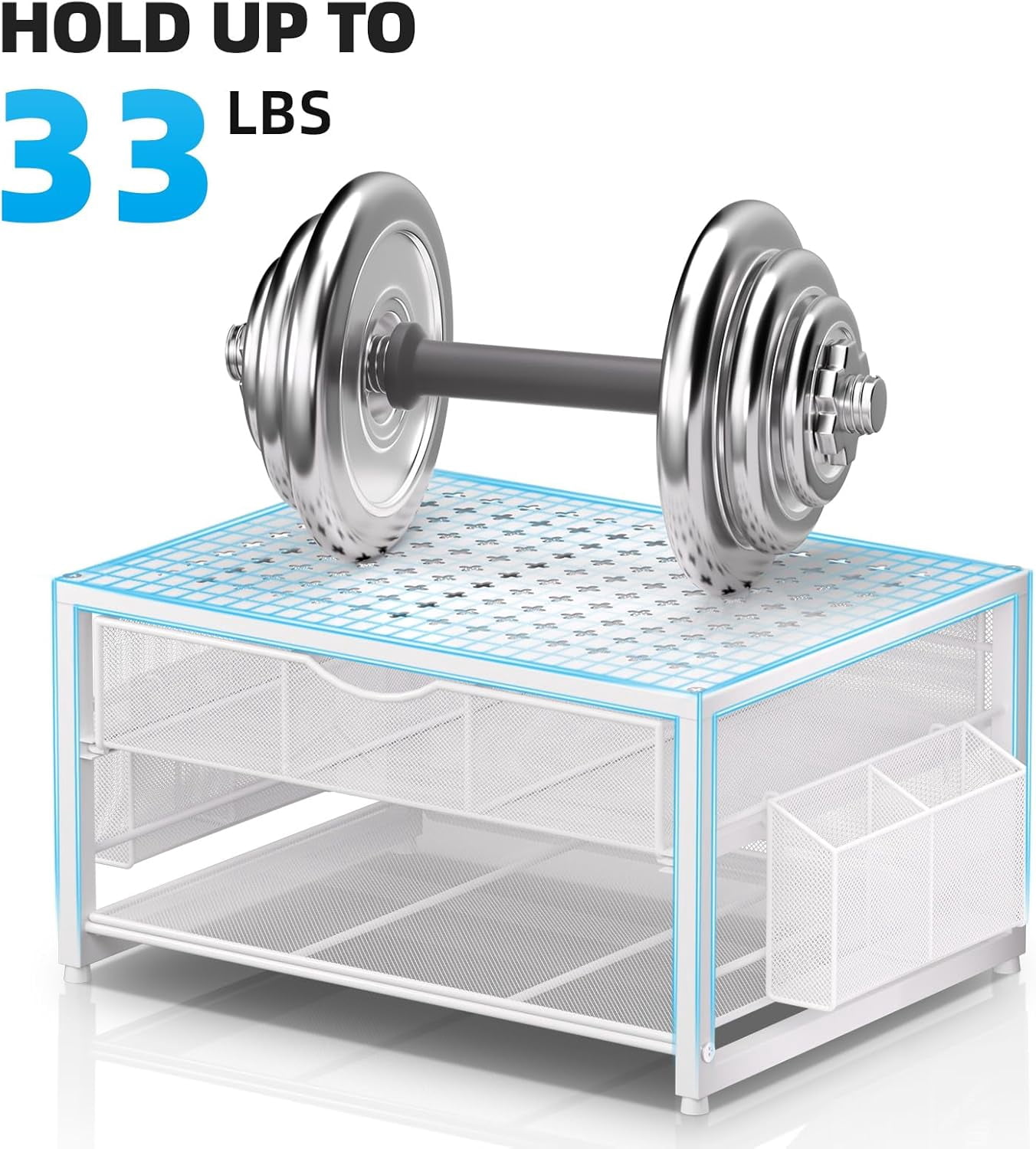 Metal Printer Stand for Desk with Storage Drawer and 2 Pen Holders, 2-Tier Desktop Organizer Printer Table for Home Office, Multi-Purpose Desk Organizer for Fax Machine Scanner Files(White)
