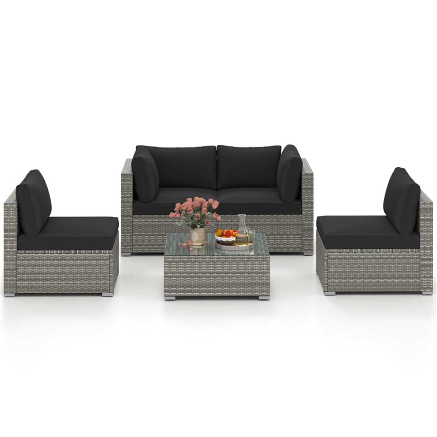 Demi Bonn 5-Piece Outdoor Patio Furniture Sets Sectional Sofa Couch and Glass Coffee Table with Cushions for Yard, Pool or Backyard, Black
