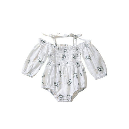 

Genuiskids Newborn Infant Baby Boy Girl Romper Floral Print 3/4 Sleeve Design Double Side Ties Suspender Bottom Snap Closure Cute Jumpsuit 0-24M