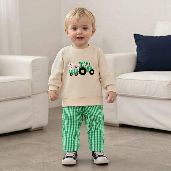 JIAYUE Child Clothes Sets Boys Farm Cartoon Embroidered Long Sleeve Hoodie And Plaid Pants Outfit Toddler Playwear Casual Two Piece Casual Clothing
