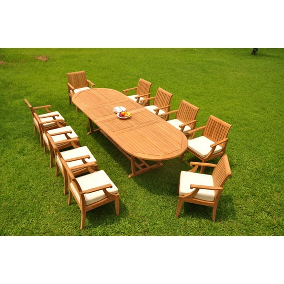 Grade-A Teak Dining Set: 10 Seater 11 Pc: 118" Double Extension Mas Oval Trestle Leg Table And 10 Lagos Arm Chairs Outdoor WholesaleTeak #WMLG24
