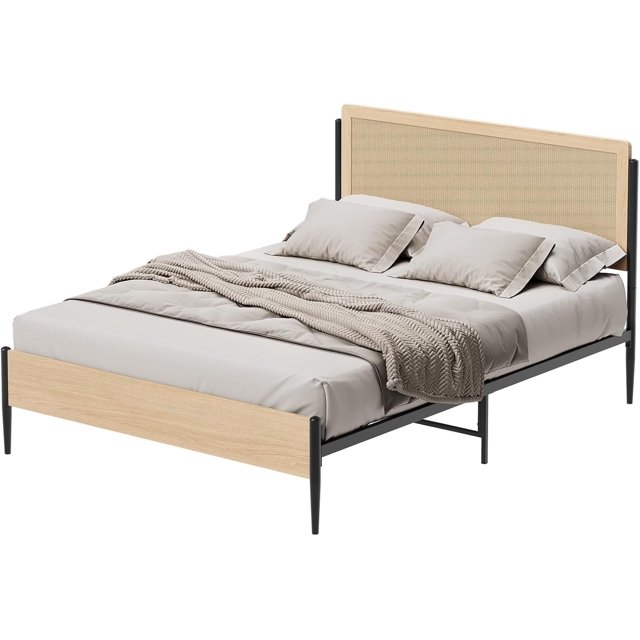 Full Metal Bed Frame with Curved Rattan Headboard and Wooden Footboard, Under Bed Storage, Strong Metal Slat Support