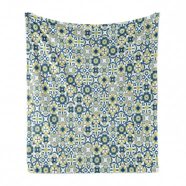 Ethnic Soft Flannel Fleece Throw Blanket, Traditional Moroccan Mosaic Portuguese European Medieval Pattern, Cozy Plush for Indoor and Outdoor Use, 60" x 80", Blue Yellow White, by Ambesonne