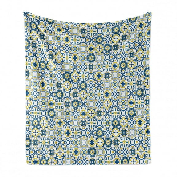 Ethnic Soft Flannel Fleece Throw Blanket, Traditional Moroccan Mosaic Portuguese European Medieval Pattern, Cozy Plush for Indoor and Outdoor Use, 50" x 60", Blue Yellow White, by Ambesonne