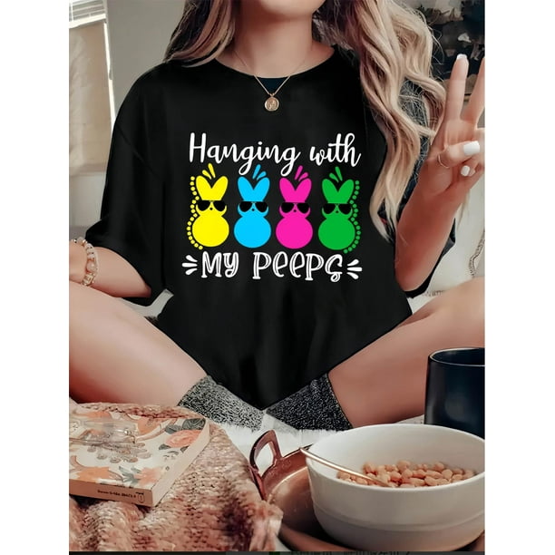 Women's Fun & Casual Rabbit Print T-Shirt - Crew Neck, Short Sleeve, Stretchy Polyester Blend, Machine Washable - Perfect for Summer