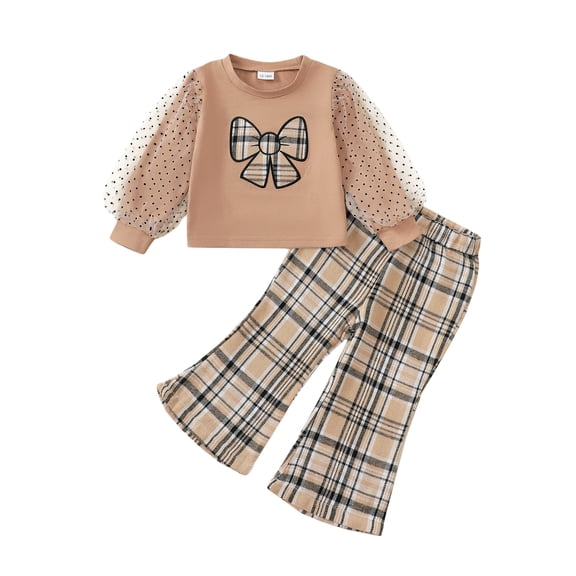 Kucnuzki 18 Months Infant Baby Girls Outfit Set 24 Months Kid Child Clothing Winter Mesh Puff Long Sleeves Bowknot Pullover Top Plaid Flared Pants Sets 2pcs Clothing Khaki