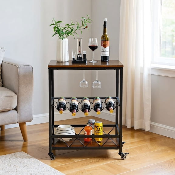 Barara King Kitchen Bakers Rack, Kitchen Microwave Stand, Kitchen Bar Cart Serving Trolley on Wheels with Wine Rack Glass Holder-Rustic Brown