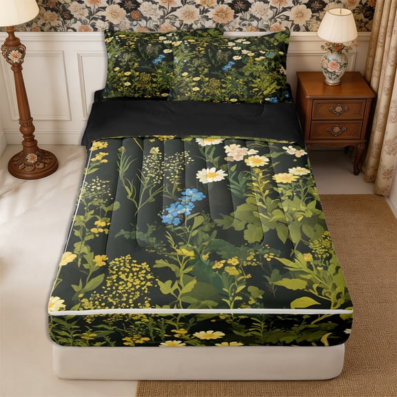 Manfei Vintage Floral Zipper Twin Comforter Sets with Fitted Sheet and 2 Pillowcases,Rustic Botanical Zipper Bedding Set,Reversible