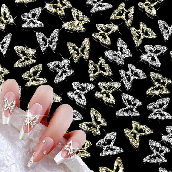 Monebena 40Pcs Metal 3D Butterfly Nail Charms Crystals Diamonds Rhinestones Alloy Gold Silver Nail Art Jewelry Decorations Butterflies Shape Gemstone Design for Women Nail Art Decoration