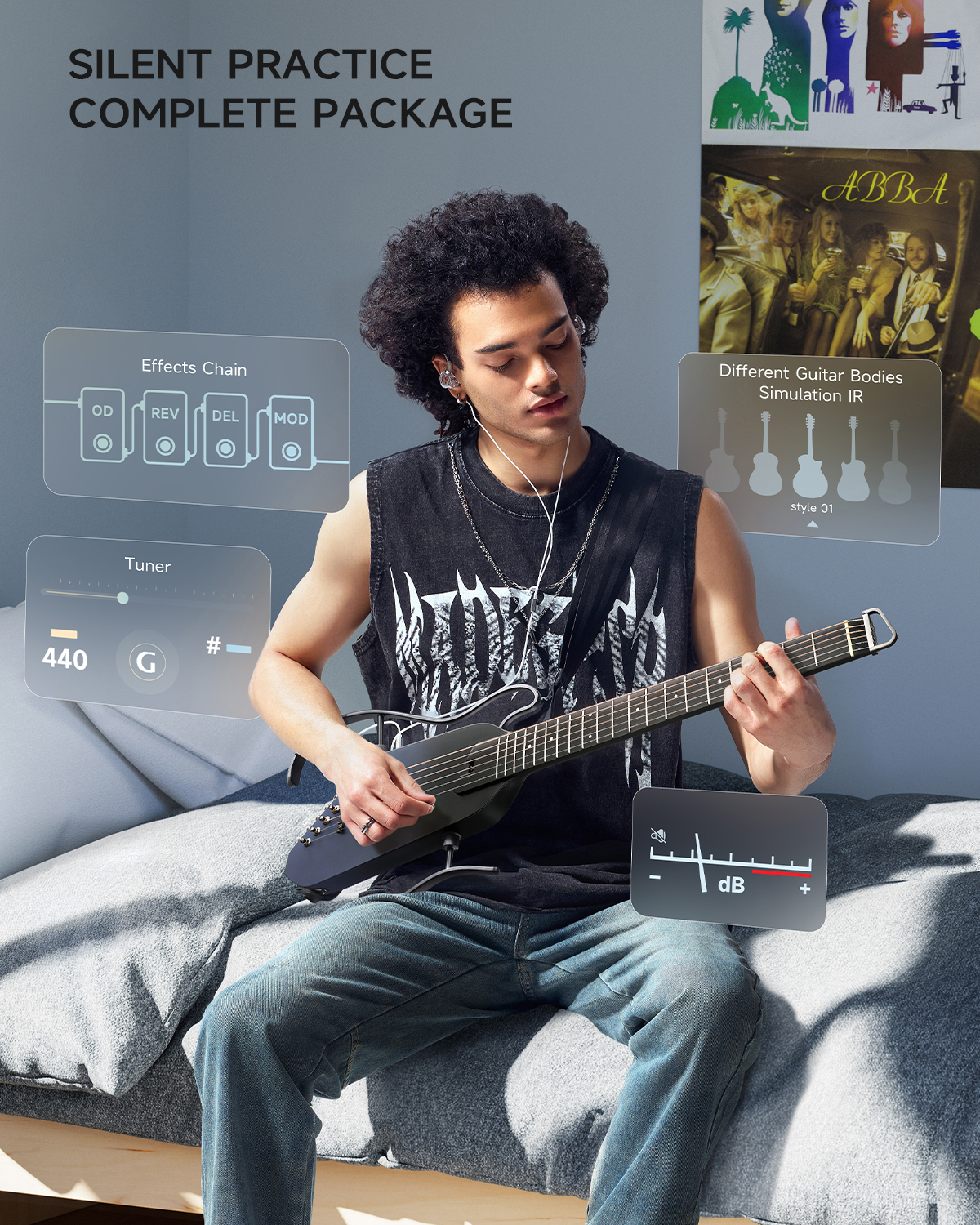 Donner Acoustic Electric Guitar HUSH I PRO Travel Guitar with Multiple Effect Modes Smart Guitarra Kit of Earphone, Gig Bag, Strap, Charging Cable, Black