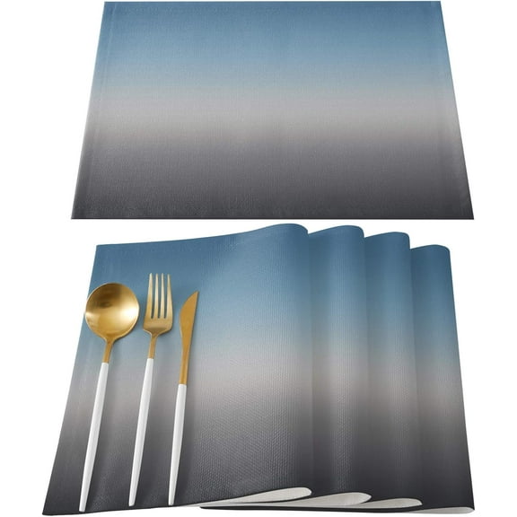 Gradient Blue Grey Abstract Art Placemats for Dinning Table Set of 4 Waterproof Cloth Table Mats, Cotton Linen Place Mats Fabric Dinner Mat Easy Clean Farmhouse Resistant Holiday Table Decor