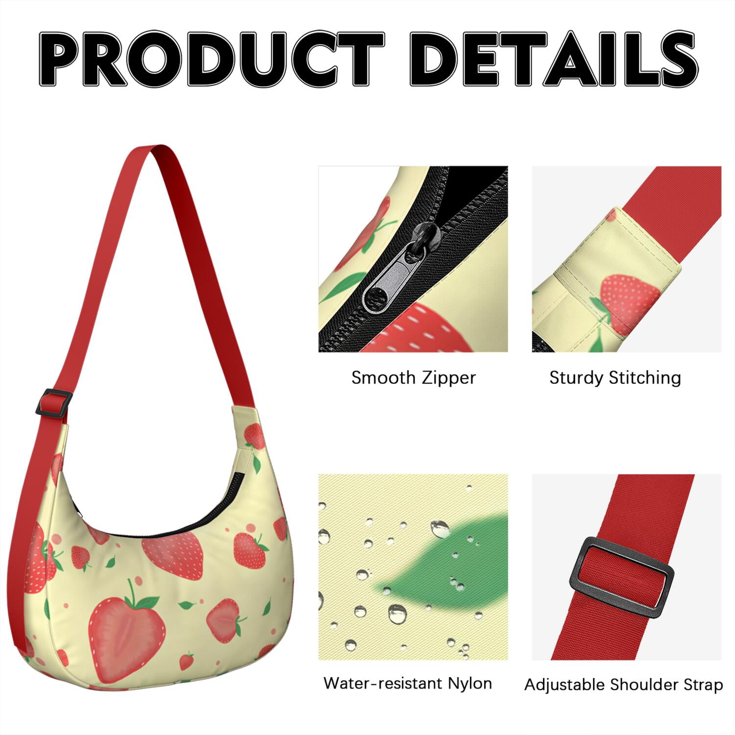 Fruity Strawberry Lover Shoulder Bag for Women, Cute Red Print Crossbody Purse, Lightweight Water-Resistant Hobo Tote, Sweet Summer Berry Handbag