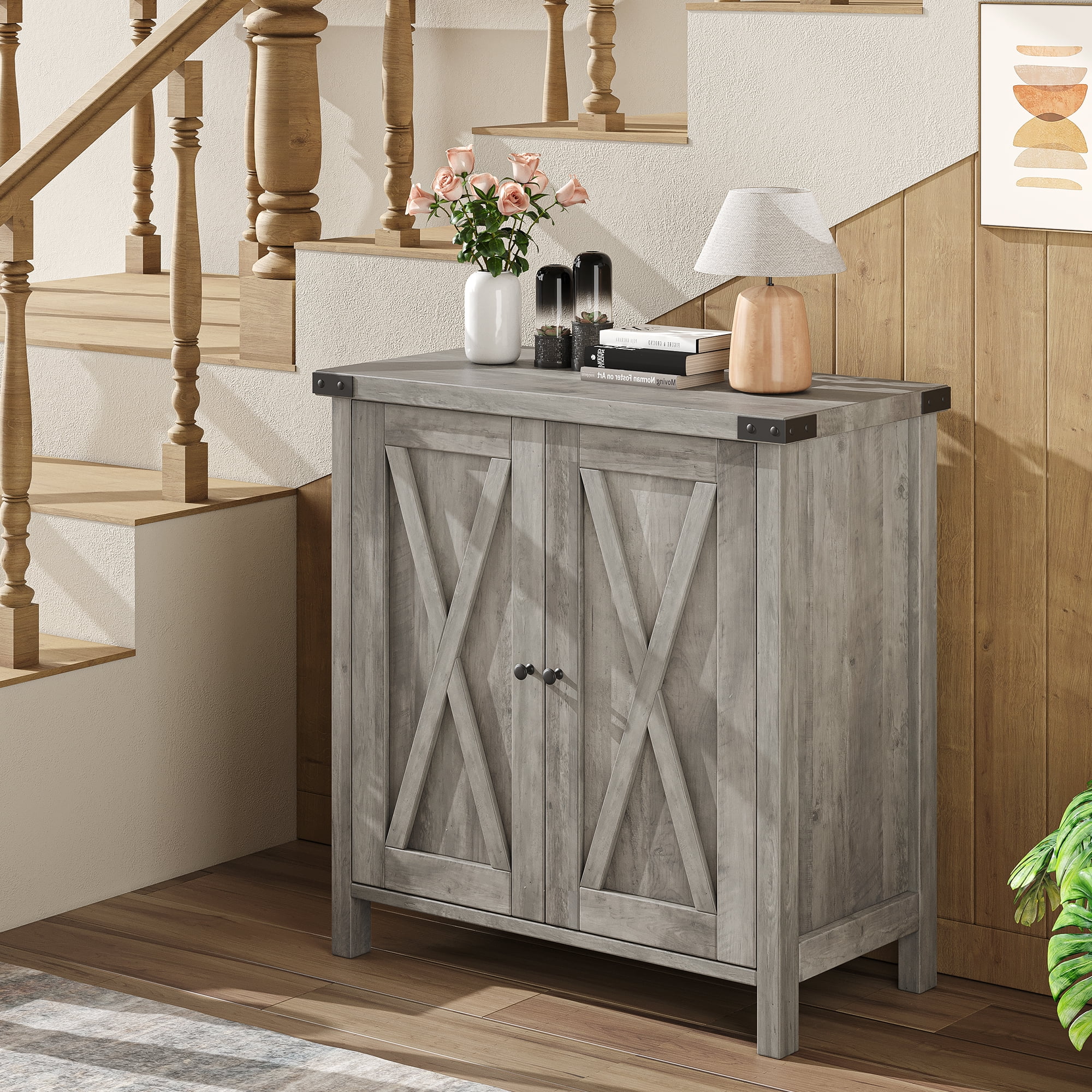 DSstyles Farmhouse Storage Cabinet with Doors and Shelves, MDF-engineered wood Gray