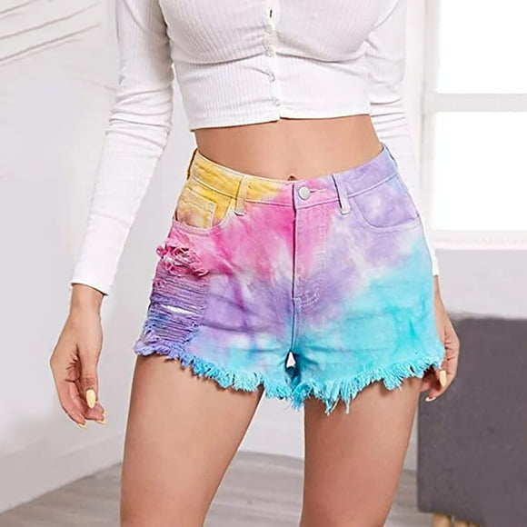 Mefallenssiah Fashion Women Pocket Tie-Dye Jeans Pants Female Hole Bottom Casual Shorts