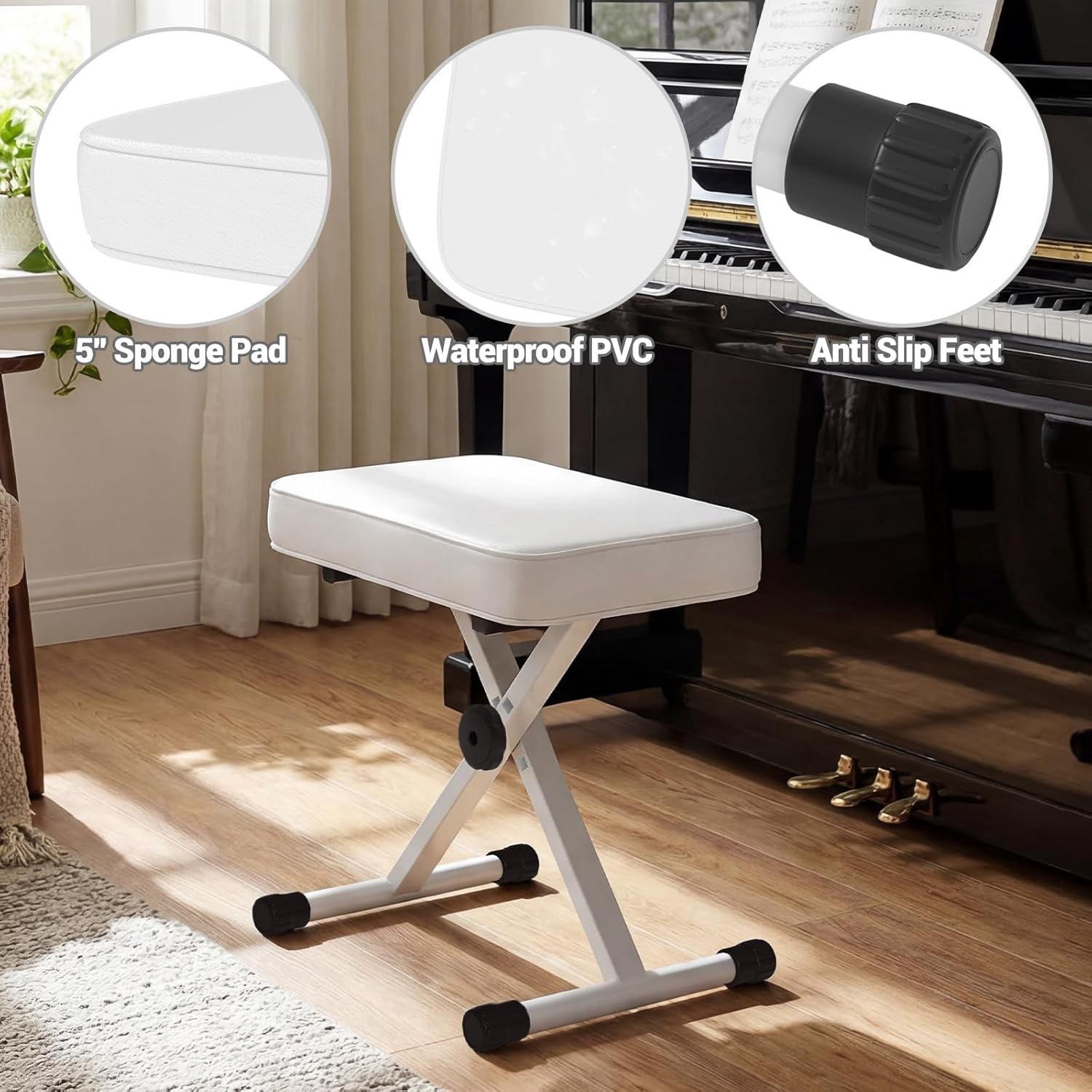 JIOABL Adjustable Piano Bench, X-Frame Music Stool with Padded Seat, Steel Frame, Black Cushion for Piano Keyboard Stand,White