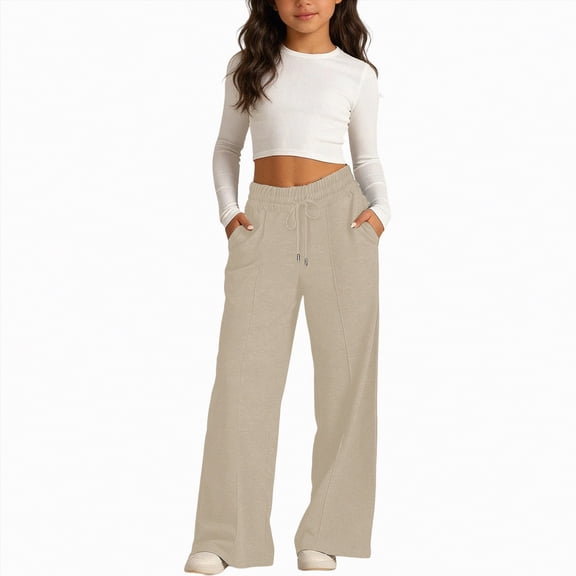 Ccpelsie Baggy Sweatpants For Girls Trendy Oversized Wide Leg Loose Fit Pants Elastic High Waist Drawstring Athletic Joggers(Khaki,6-8 Years)